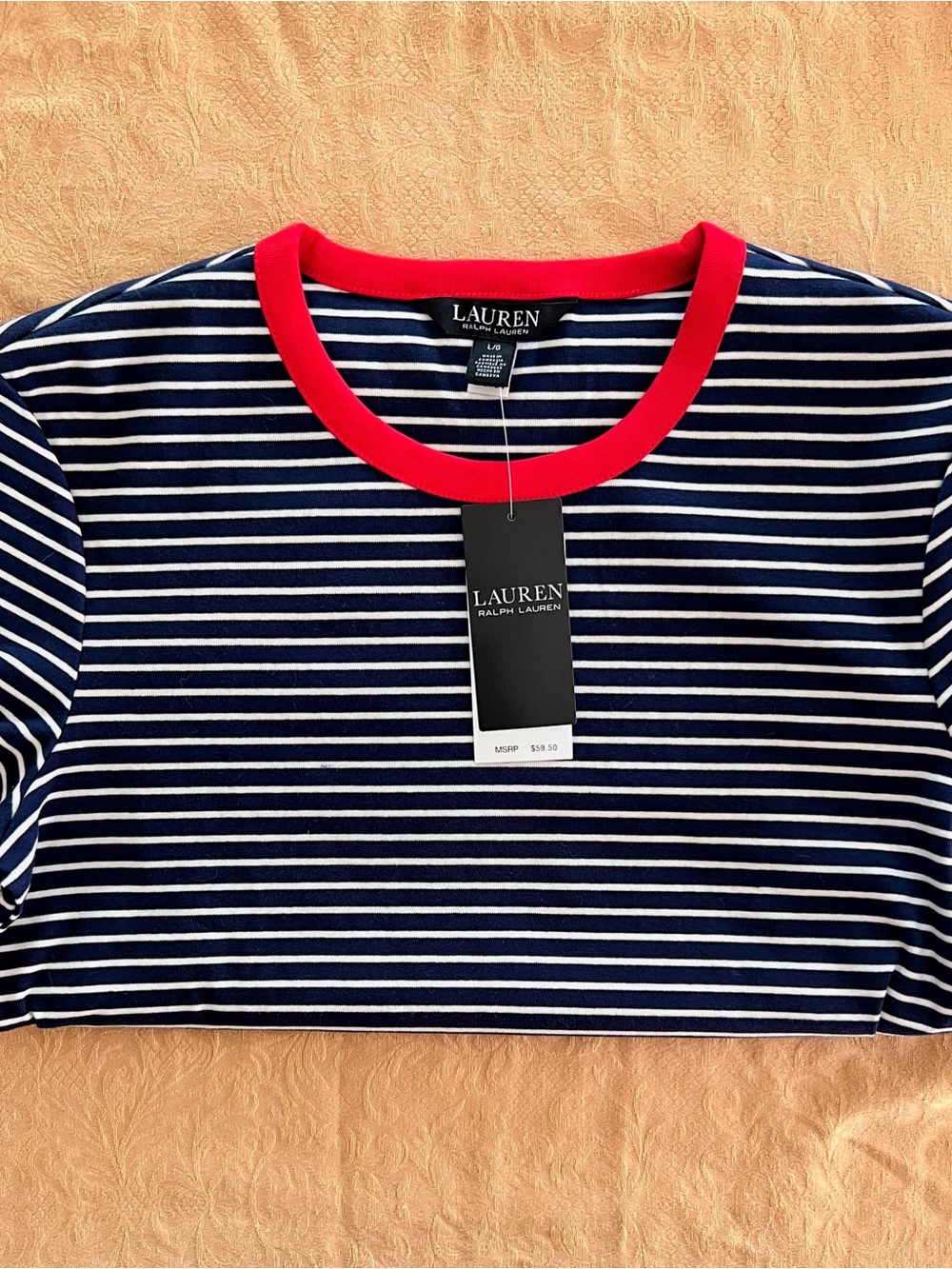 Ralph Lauren Navy and White Striped Short Sleeve Tee with Red Neckline